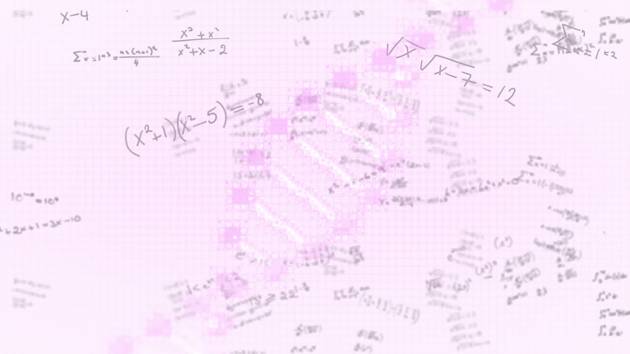 사각형 종이 배경에 수학 방정식 위에 회전하는 dna 가닥의 애니메이션