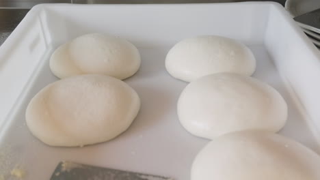 close up view of balls of pizza dough on a tray in a restaurant kitchen 1