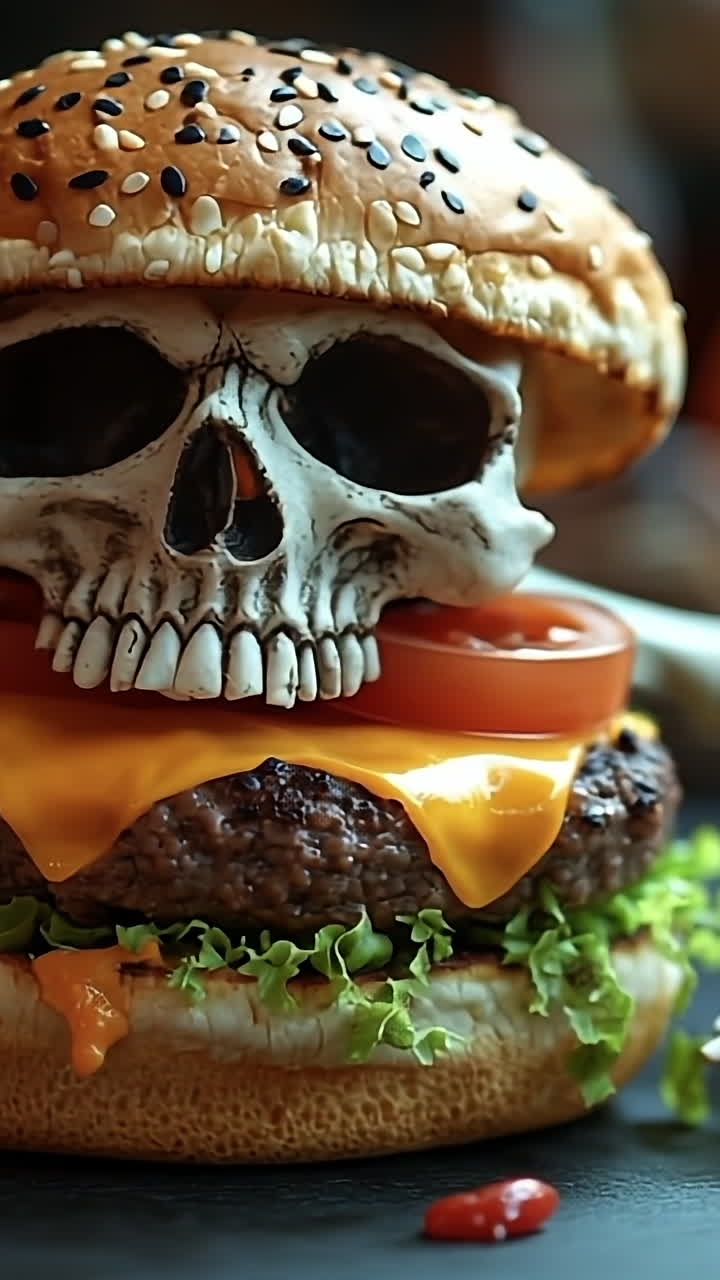 Skeleton burger decor setup. A skeleton hand holds a burger with melted cheese and fresh toppings surrounded by autumn pumpkins and leaves.