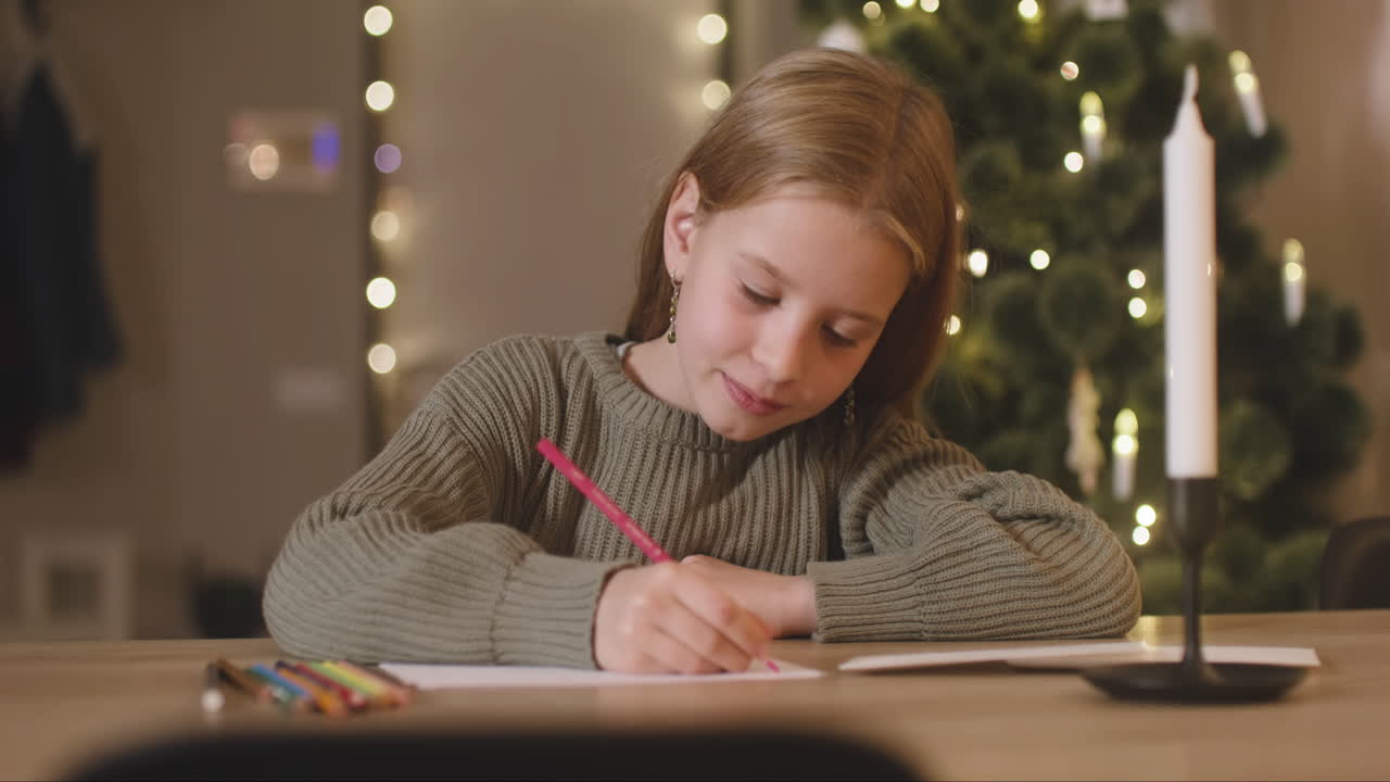 Girl In Green Sweater Writing A Letter Of Wishes Sitting At A Table In A Room Decorated With A Christmas Tree