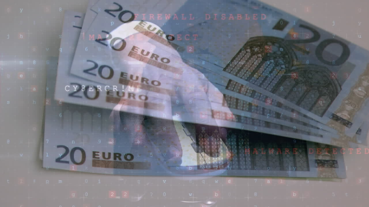 animación de números y alerta de virus sobre el ratón de mano y billetes en euros