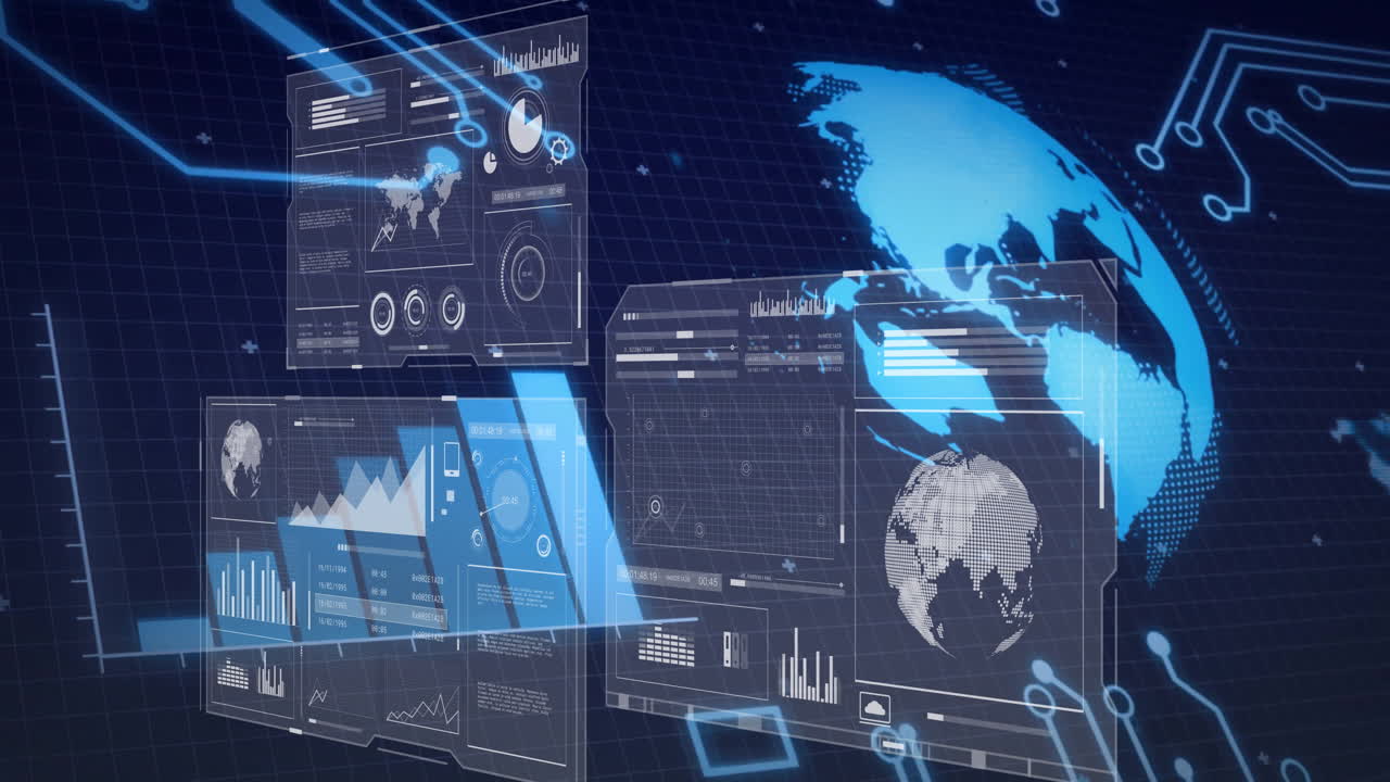 Animation showing digital data dashboards and global map illustrating connectivity