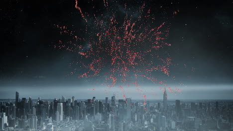 fuegos artificiales en el cielo y una vista de una ciudad