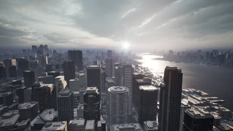 skyline aerial view at sunset with skyscrapers