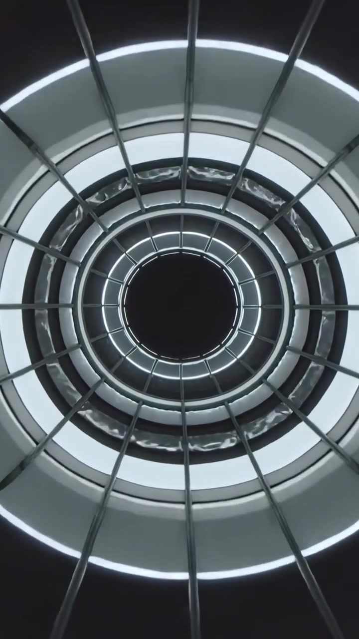 Video verticale: Telecamera che si inclina rivelando un lucernario concentrico sul soffitto in un atrio con anelli e aste LED.