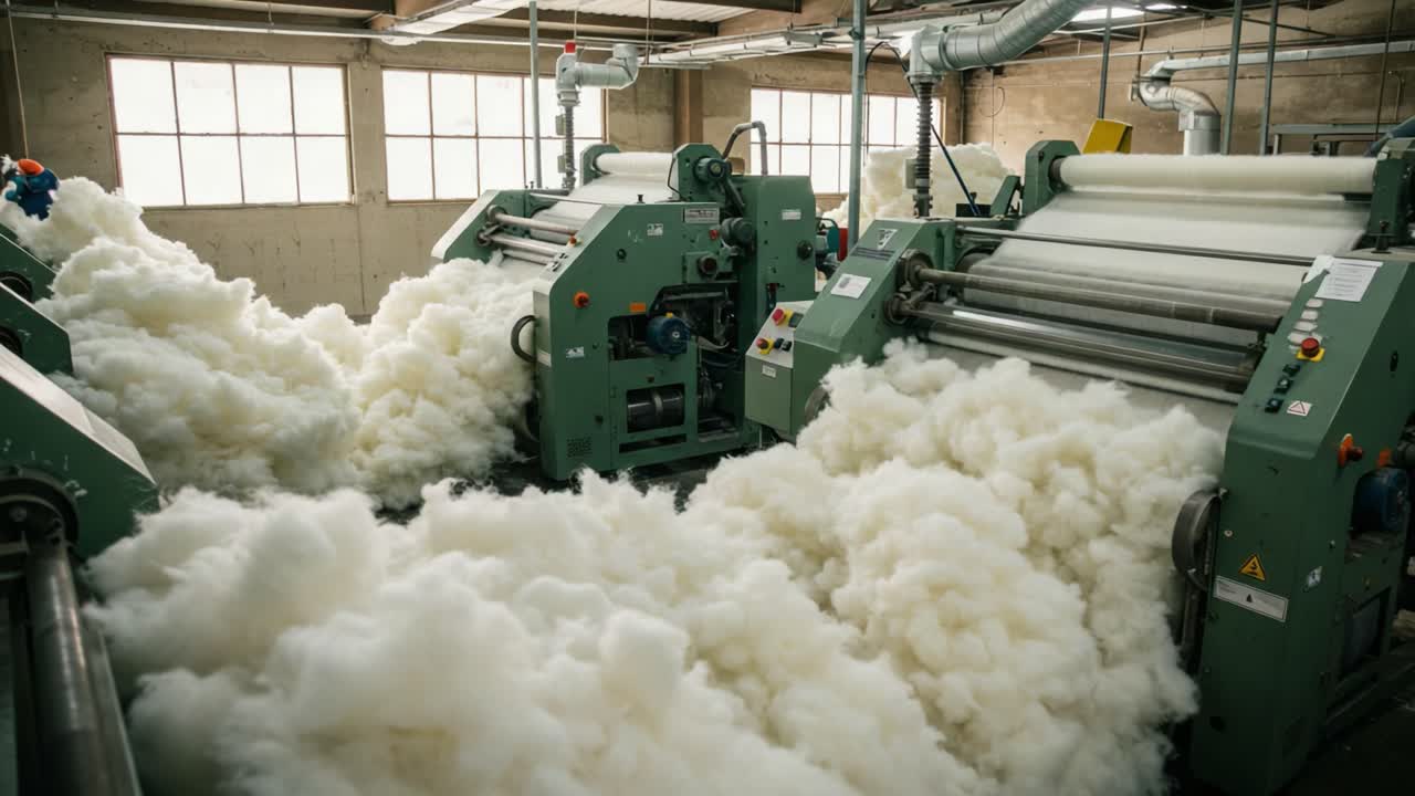 A Manufacturing Process Viewing the Transformation of Raw Material into Soft Foam in an Industrial Facility with Machinery and Worker in Protective Gear