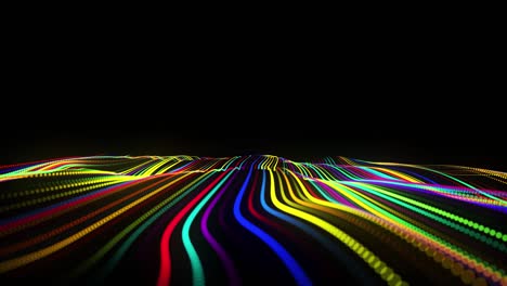 festive vj loop with multicolored particles and smooth animated camera. abstract 3d bg with glow particles lined up in a row along curved waving lines in 3d space. motion design background.