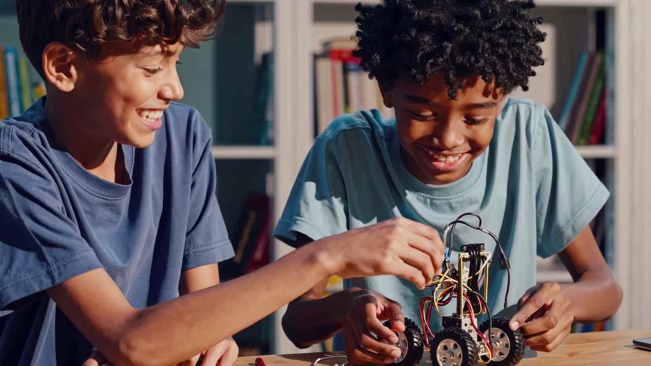 Two boys building a robot car at a table, captured in a candid, eye-level angle