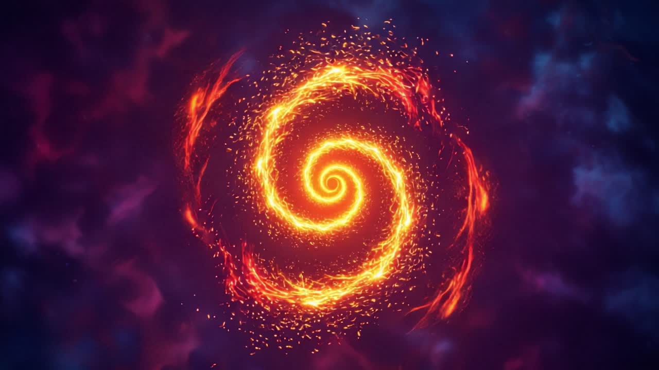 A Vivid Representation of a Spiraling Fire Form, Emanating Bright Flames and Sparks Against a Dark Cosmic Background, Symbolizing Energy and Movement