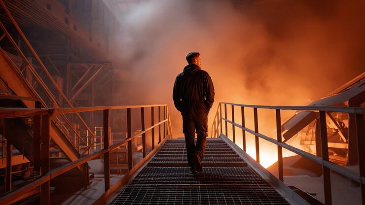 Uomo che cammina in una fabbrica industriale
