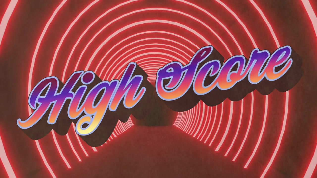 Flydende gradient High Score-tekst glødende med 3D-skygge inde i en retro-futuristisk rød neontunnel.