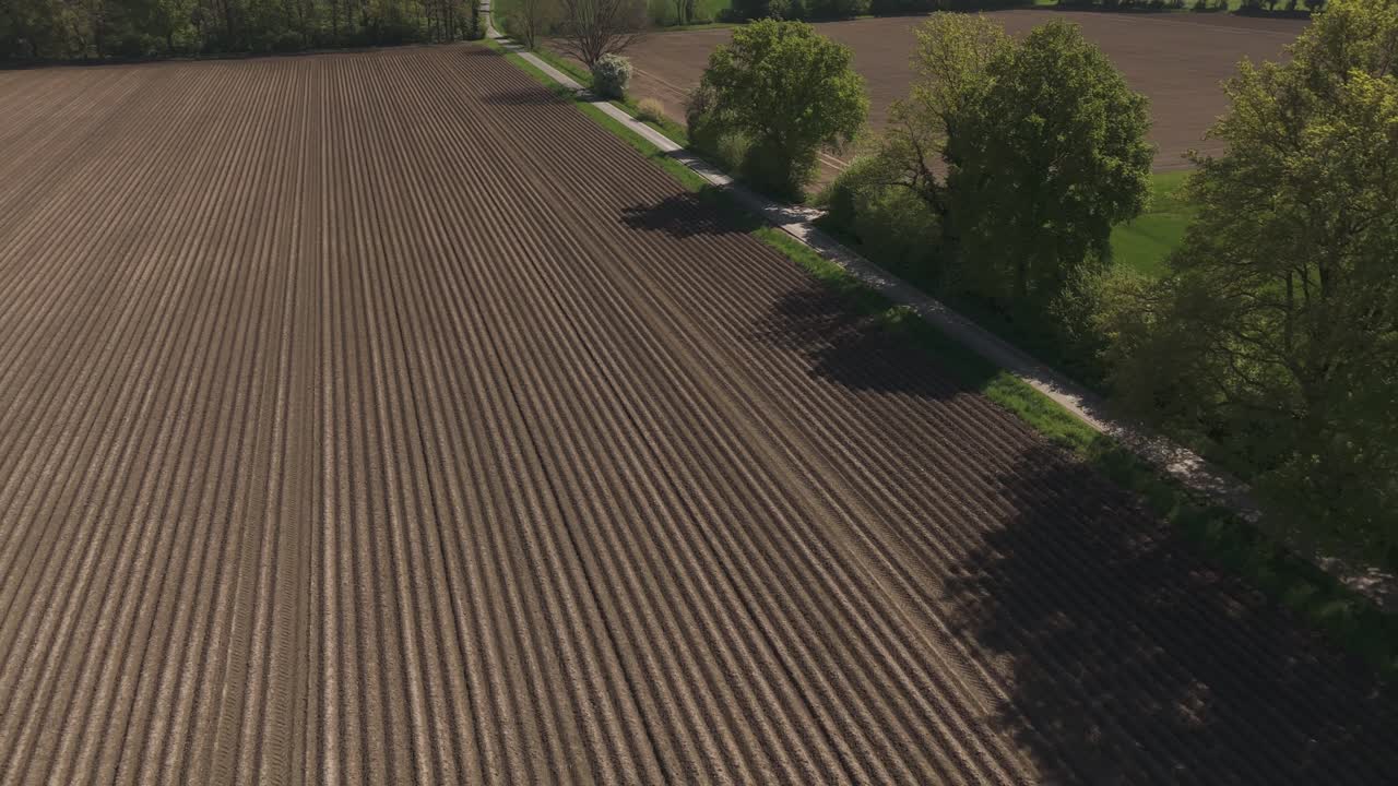 Symmetrical aerial view of a freshly plowed field beside a tree-lined road in rural Germany during springtime. Captured in clear daylight with visible field texture.