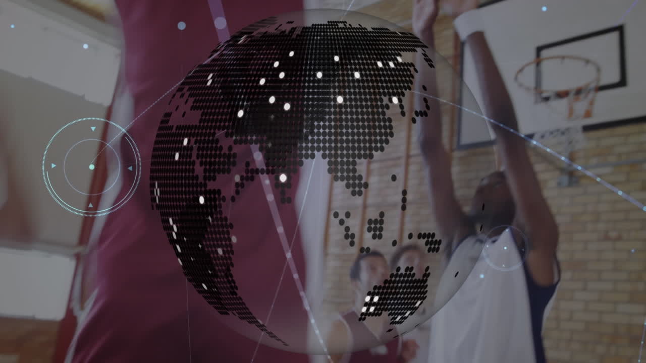체육관에서 다양한 농구 선수 그룹에 대한 세계와 연결 네트워크의 애니메이션