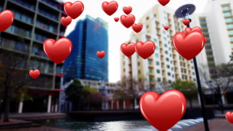 floating heart icons with a city background 4k