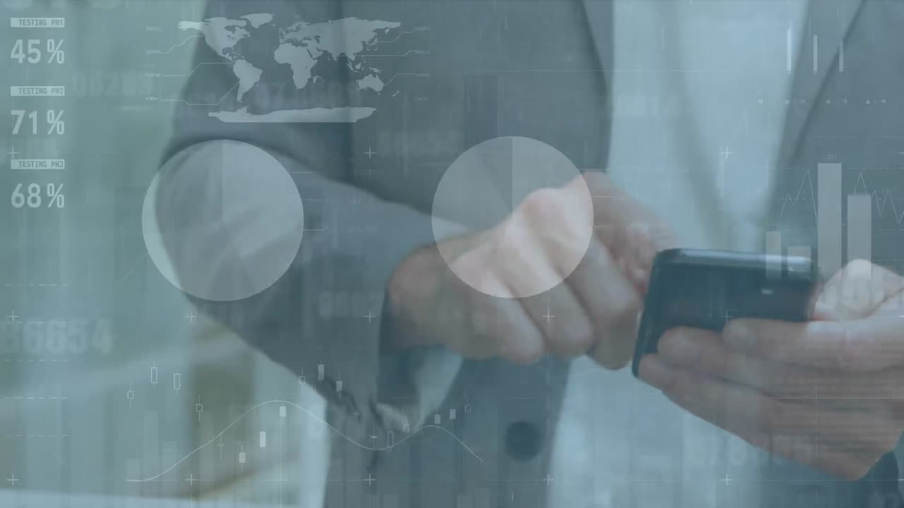 Animation of statistical data processing against mid section of a man using smartphone at office