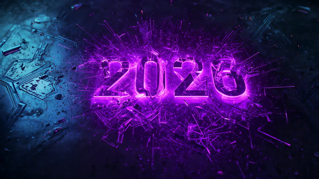 Numeri 3D pulsanti del 2026 che diffondono scintille su un pavimento texturizzato, schegge di vetro lampeggianti e placca ciano