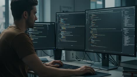 focused programmer engaged in coding on multiple monitors, highlighting software development and debugging activities in a modern workspace