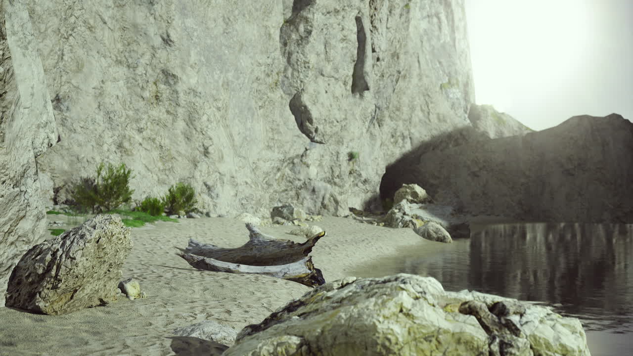 Serene coastal landscape with rocky cliffs and calm waters during the day