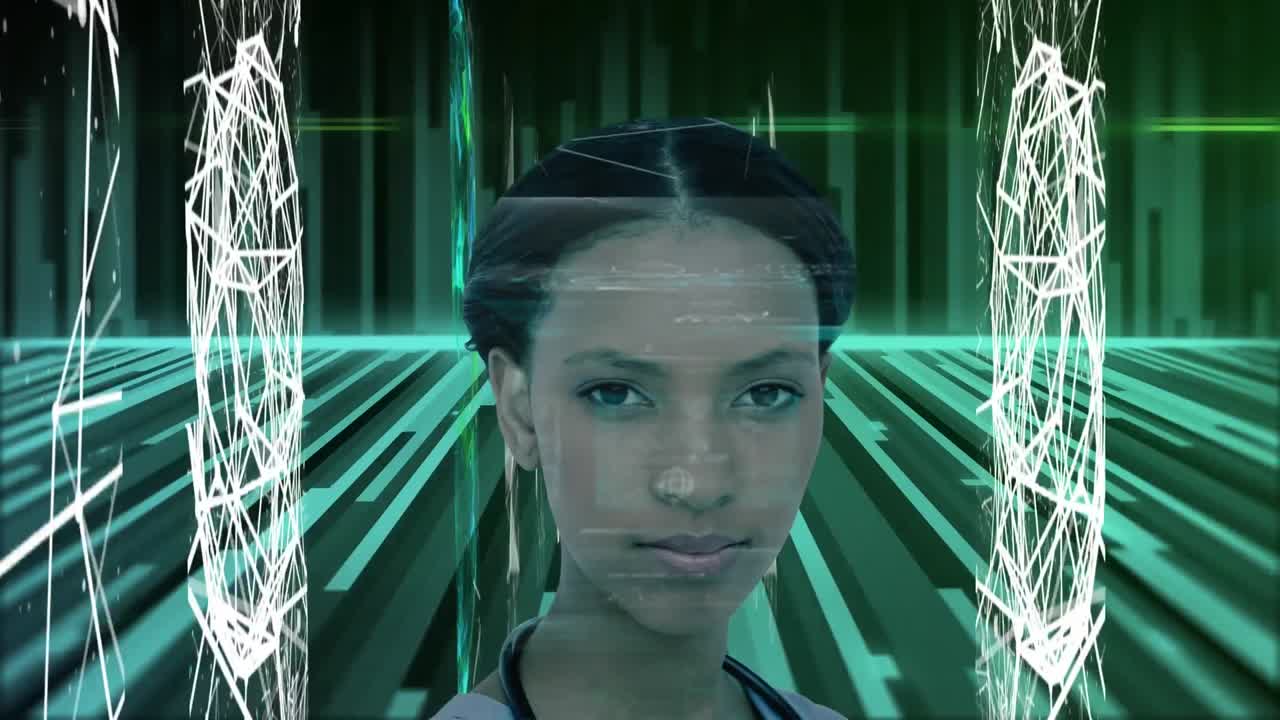 animación de la red de conexiones y escaneo de alcance sobre la mujer mirando a la cámara