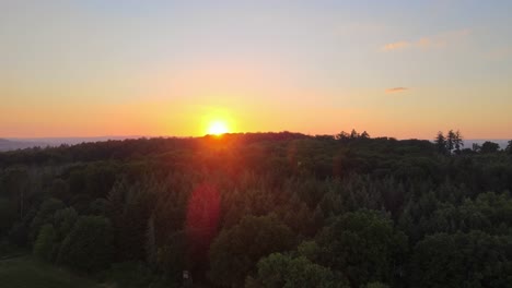 Low-drone-flight-over-deciduous-trees-during-an-extremely-colourful-sunset-in-Germany's-countryside