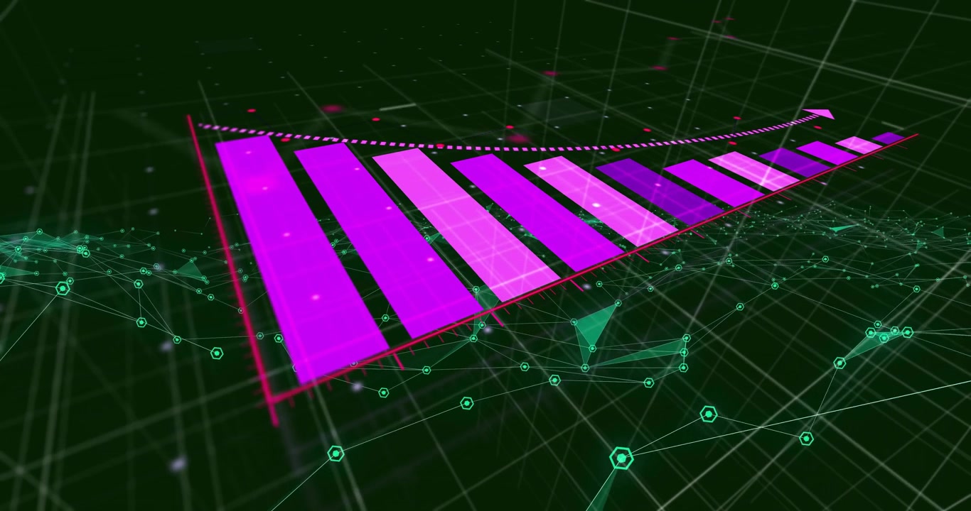 On load bars emerging and growing, trend line drawing and nodes pulsing representing market trend