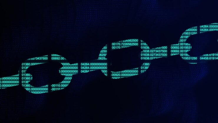 Animation of data processing over online security chain on black background