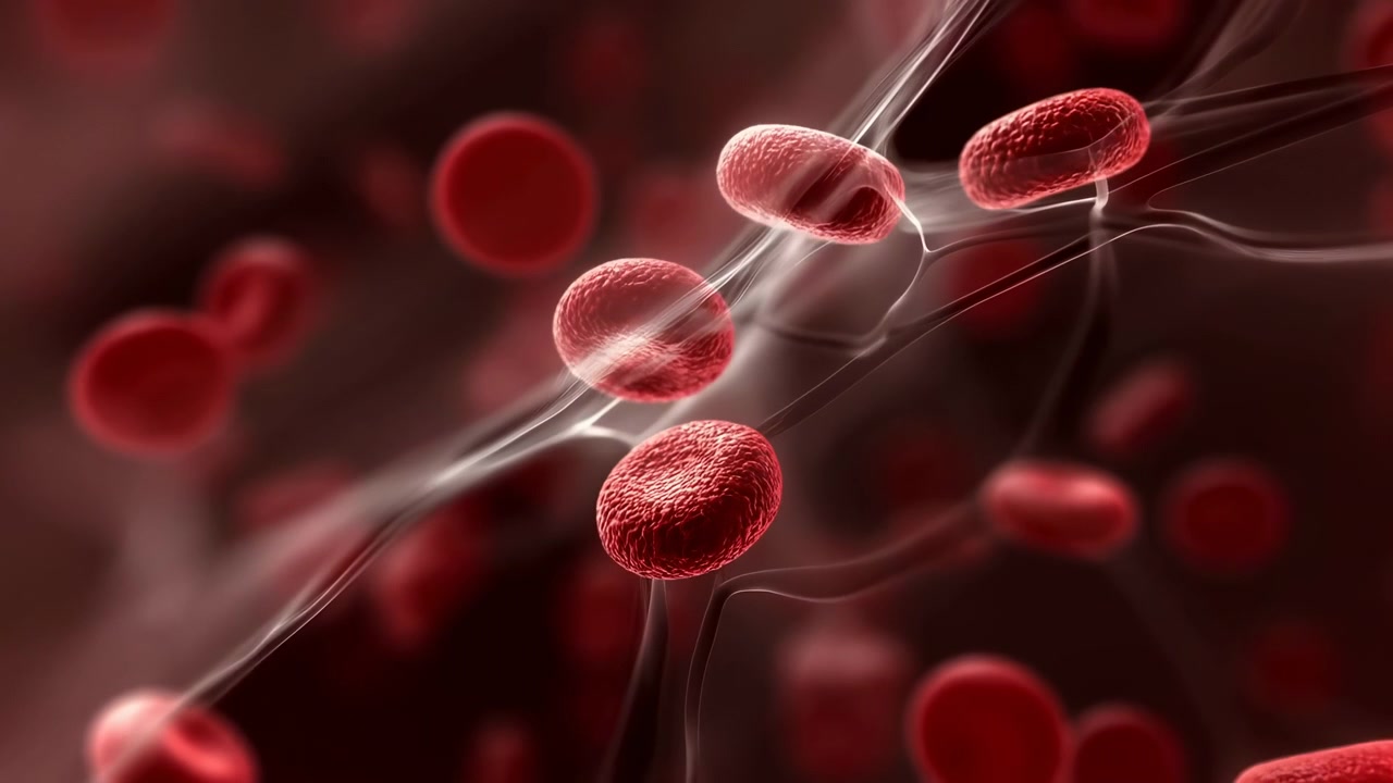 Red blood cells move through a narrow vessel in a microscopic medical scene, with translucent plasma strands, soft depth of field, and a dark organic background