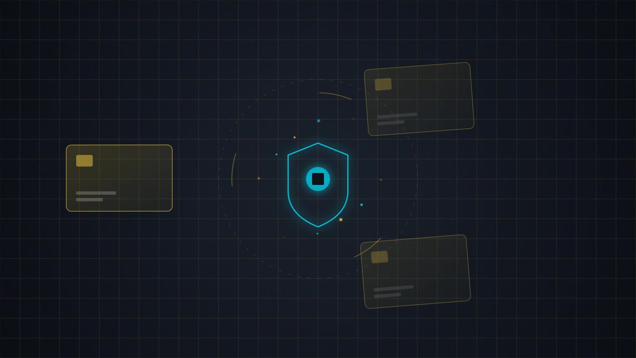 Digital Security Shield Protecting Credit Cards Animation