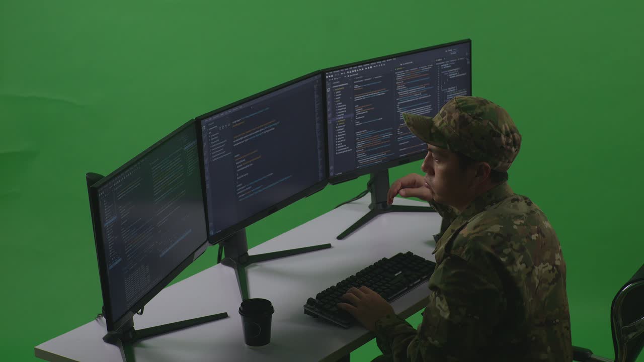 Side View Of Bored Asian Man Soldier Developer Write Code With Multiple Computer Screens In Green Screen Studio