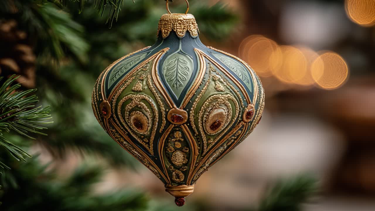 A Beautifully Crafted Ornamental Christmas Bauble Hanging on a Pine Tree, Showcasing Intricate Designs and Sparkling Details Against a Warm Blurry Background