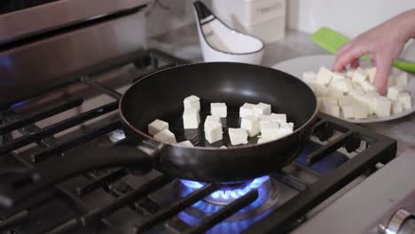 mujer poniendo paneer en sartén en 4k