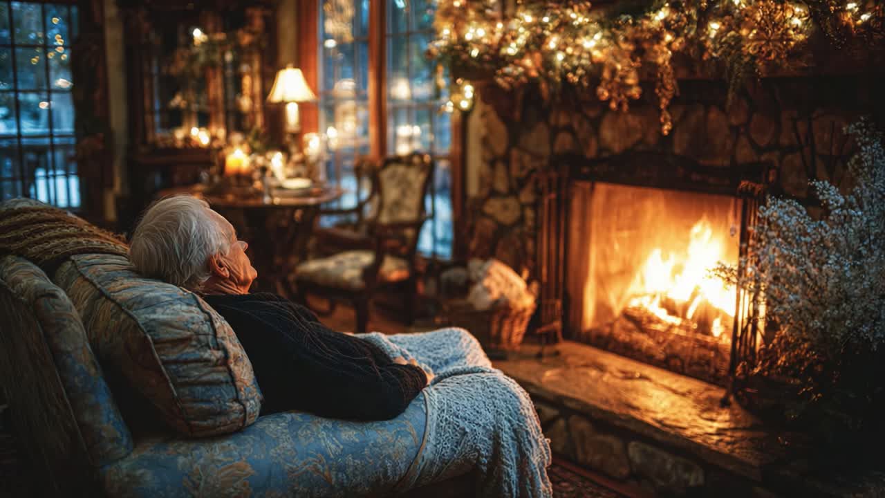 A Cozy Evening by the Fireplace: An Elderly Person Reflects in the Warm Glow of a Beautifully Decorated Living Room Filled with Holiday Cheer