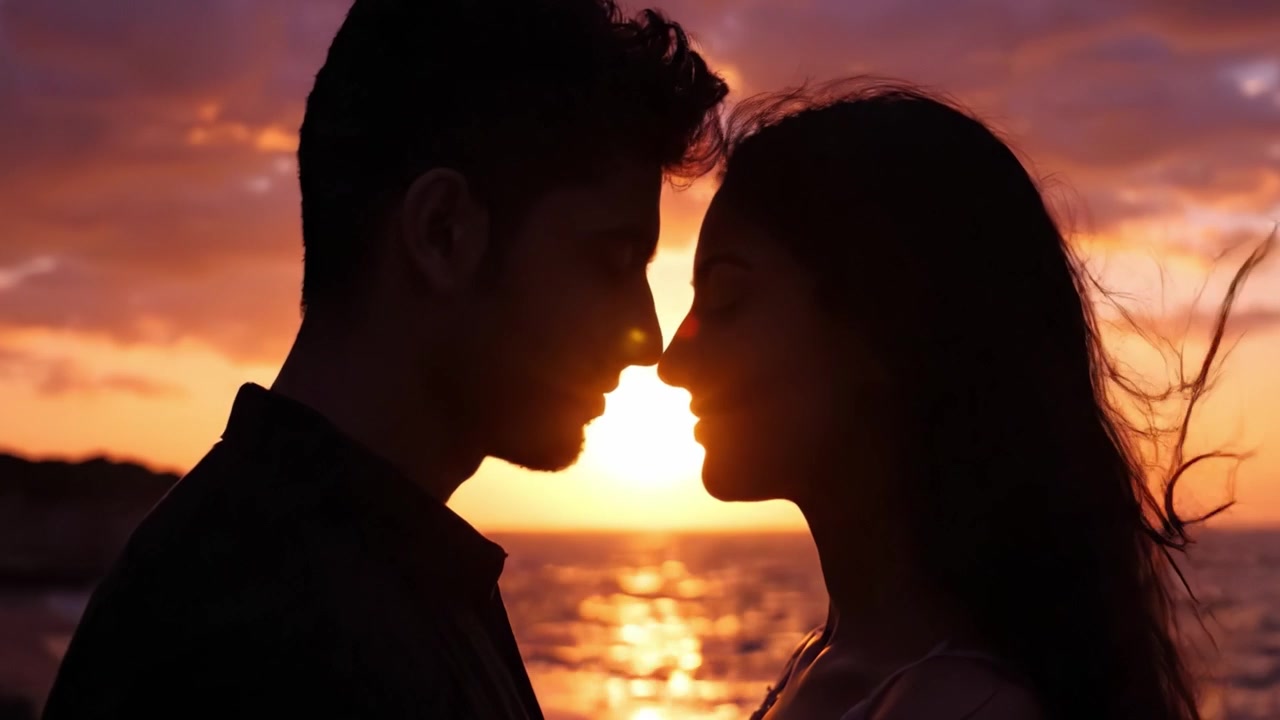 Un romantico abbraccio al tramonto: una coppia in silhouette contro un cielo vibrante, catturando l'essenza dell'amore e della connessione al crepuscolo in riva all'oceano.
