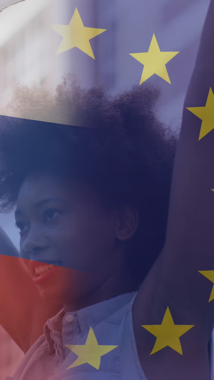 animación de la bandera de rusia y la unión europea sobre una manifestante afroamericana