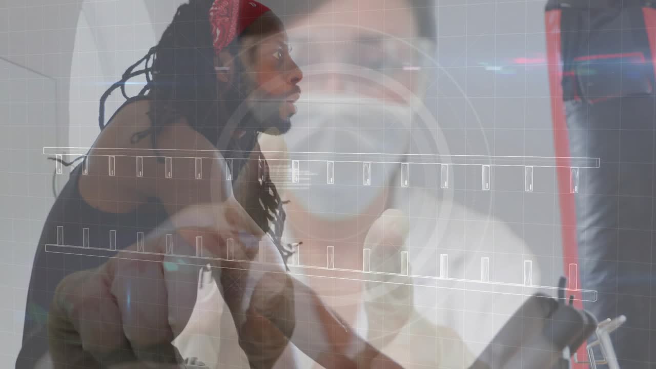 Man adjusting knob and gripping handlebars, pedaling while HUD DNA schematic overlaying for health