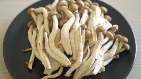 Seta de haya marrón fresca o hongo reishi negro en placa