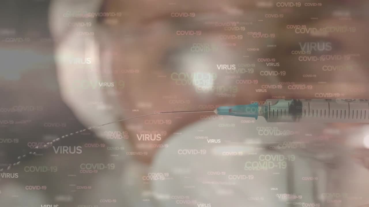 animación del texto de covid 19 sobre el científico con máscara facial