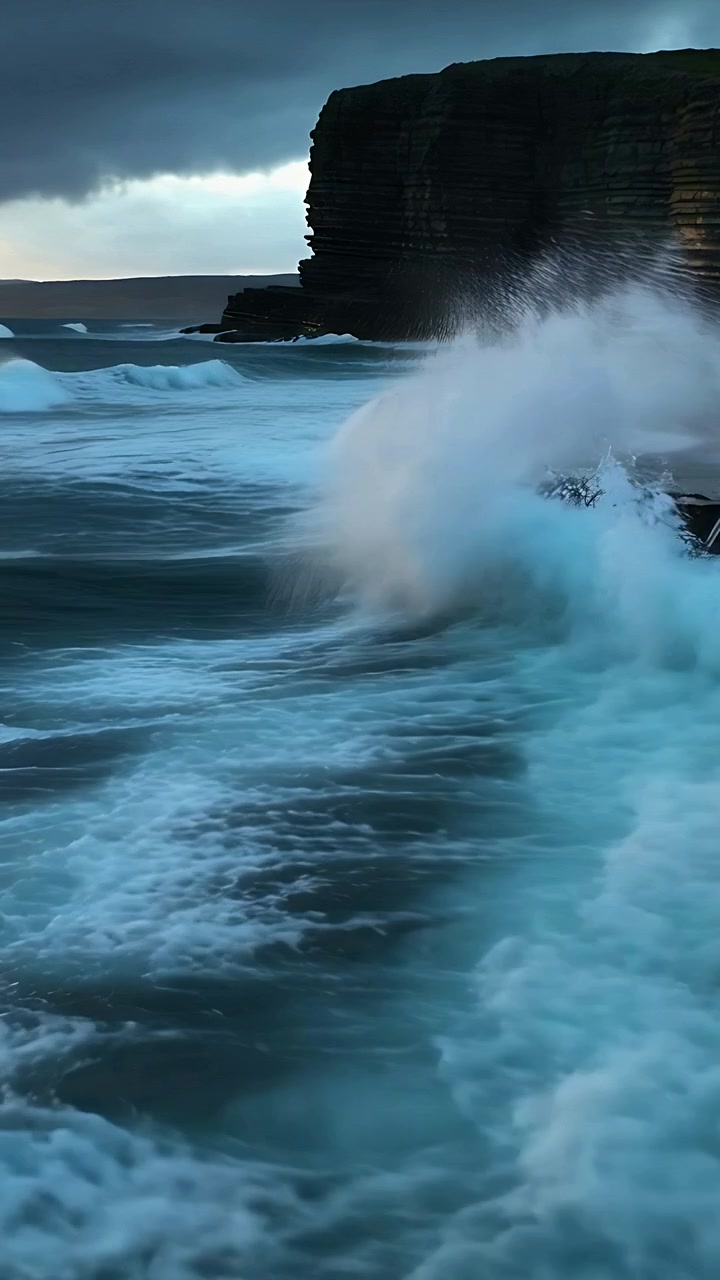 Vertical video: Approaching swells pushing breaking sea waves crashing over rocky ledge