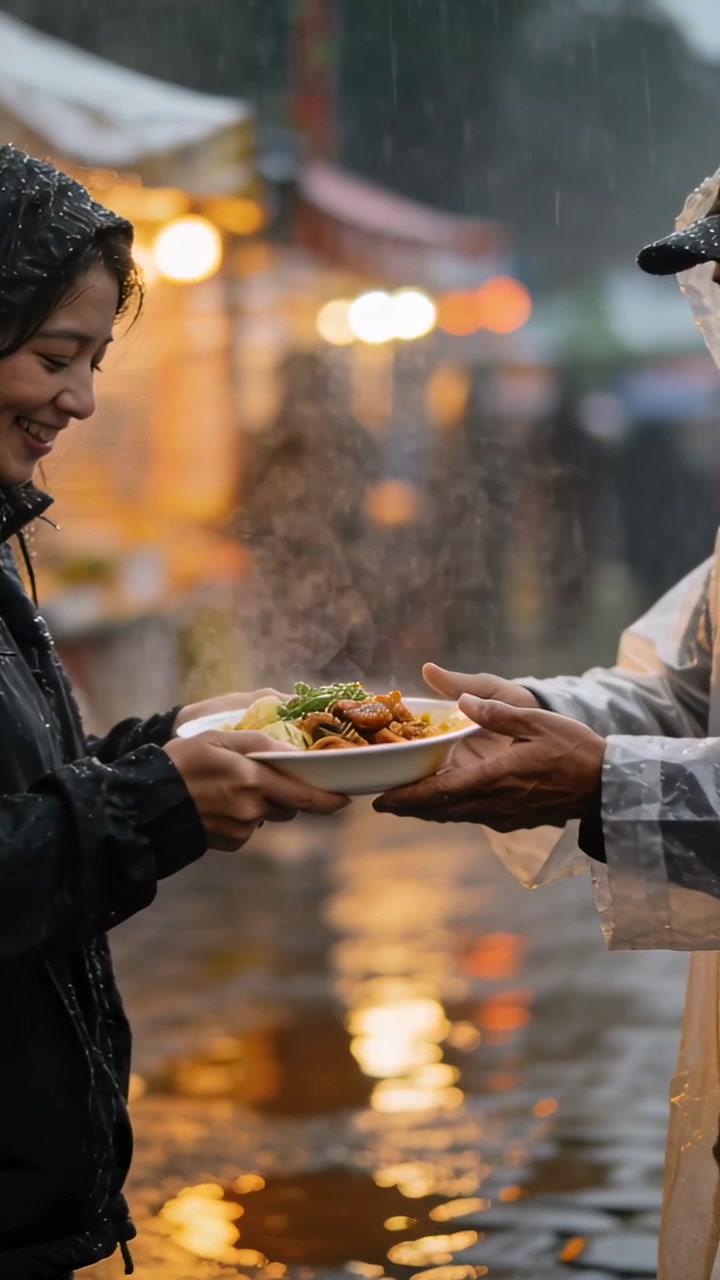Vertical video: Offering vendor handing steaming bowl to woman at rainy market for hot meal, apron