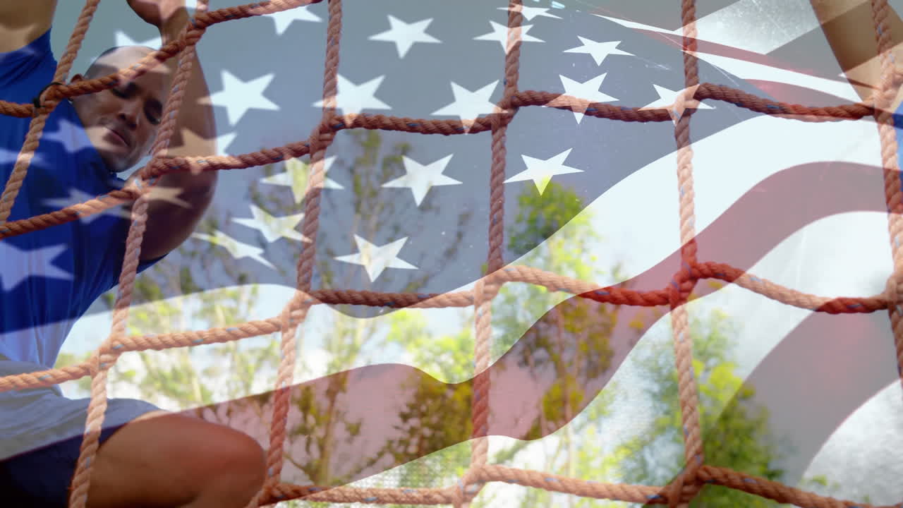 animación de la bandera de los estados unidos sobre un hombre y una mujer diversos durante el entrenamiento de carrera de obstáculos