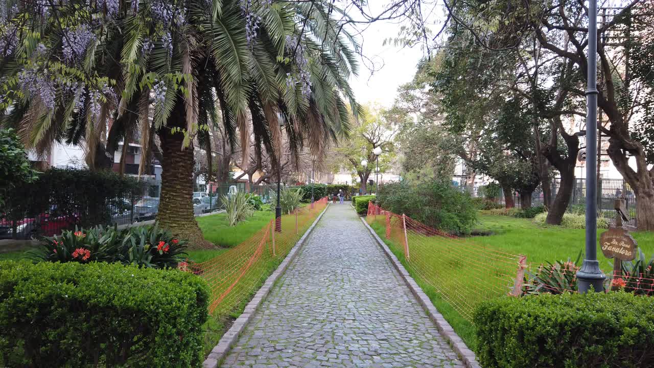camino de adoquines en el parque de jardines subtropicales verde urbano de la ciudad de buenos aires