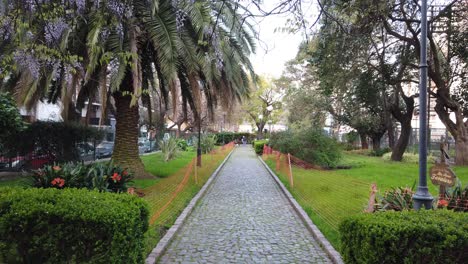 cobblestone path at urban green subtropical garden park of buenos aires city