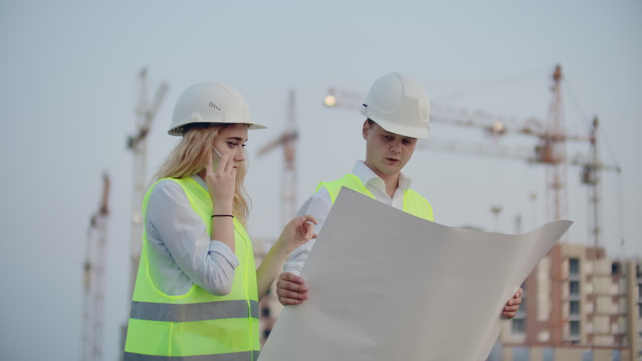 mujer hablando por teléfono y le pregunta al constructor qué hay en los dibujos de pie en el fondo de los edificios en construcción.