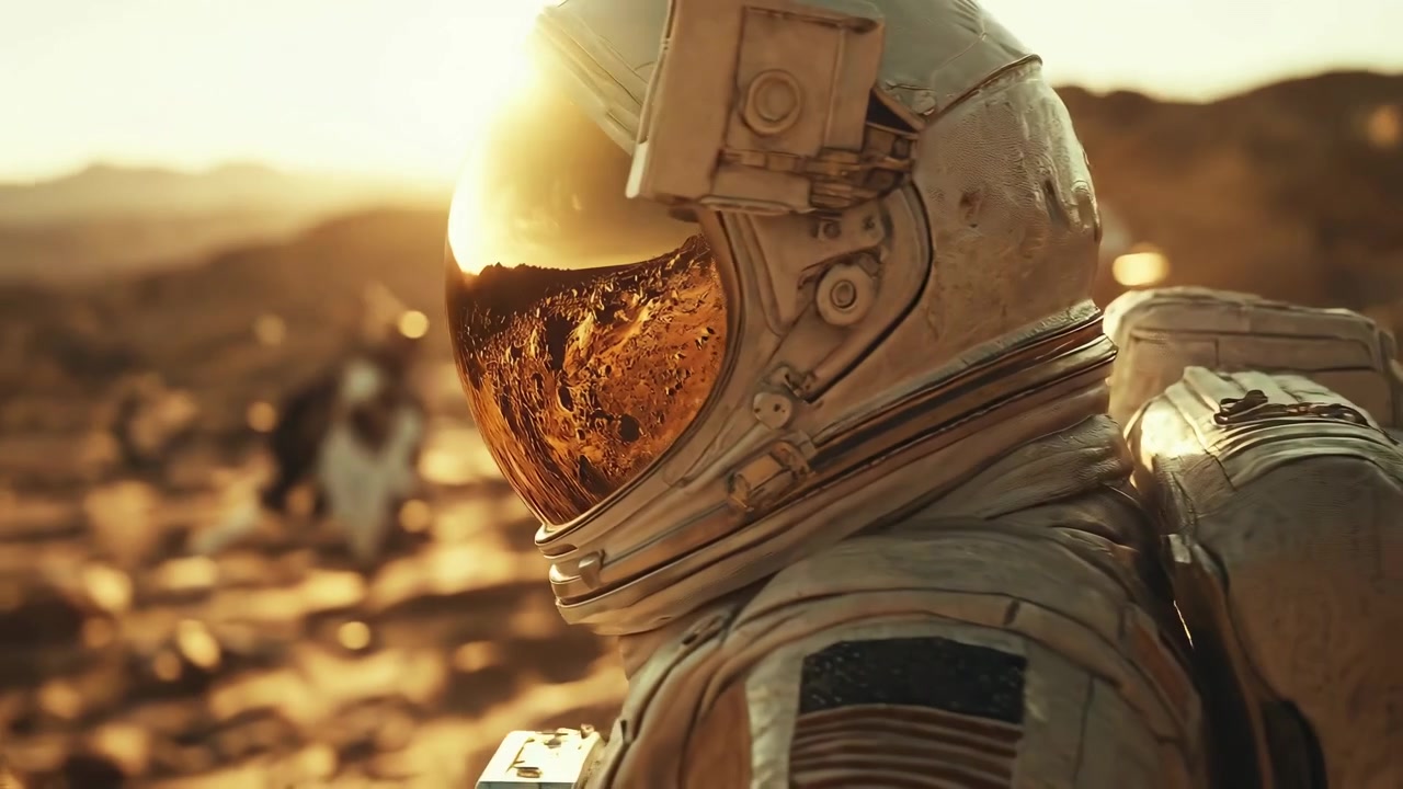 Astronaut på fremmed planet med gylden solnedgangsrefleksion i visir