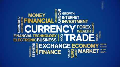 4k currency trade animated tag word cloud,text design animation seamless loop.