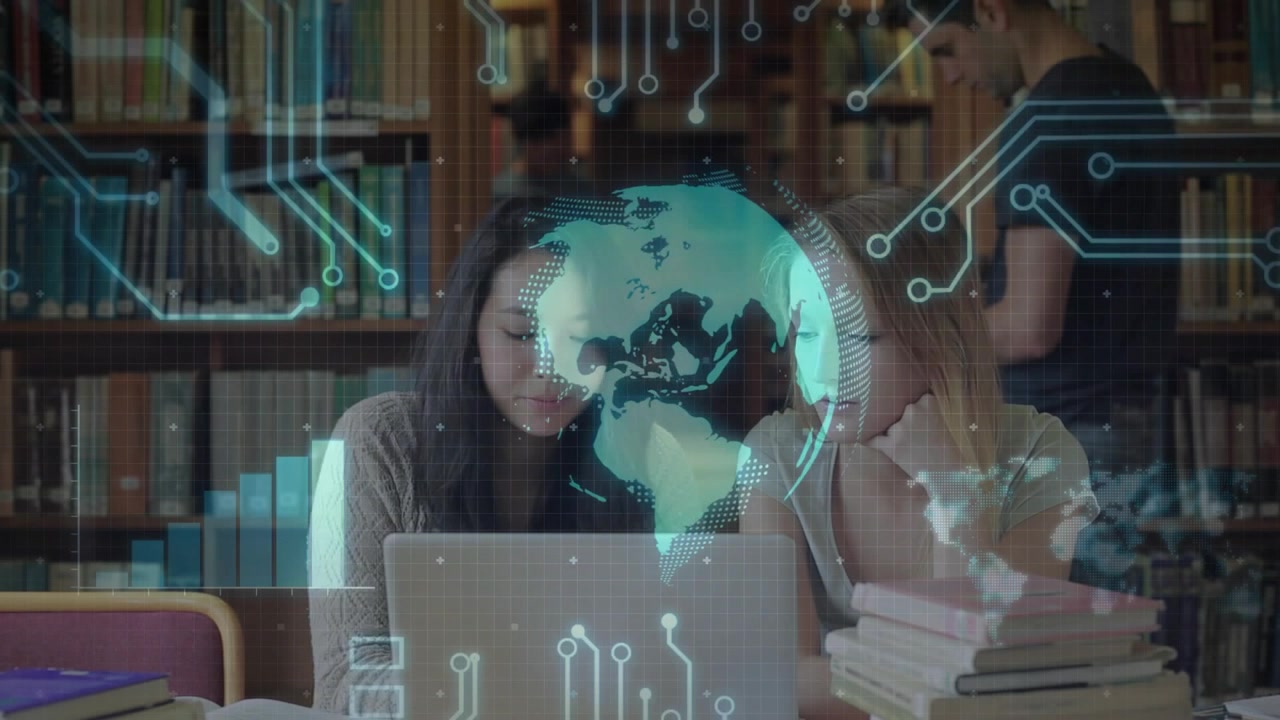 Studenti che toccano il laptop e analizzano una sovrapposizione di un globo rotante mentre studiano dati educativi.