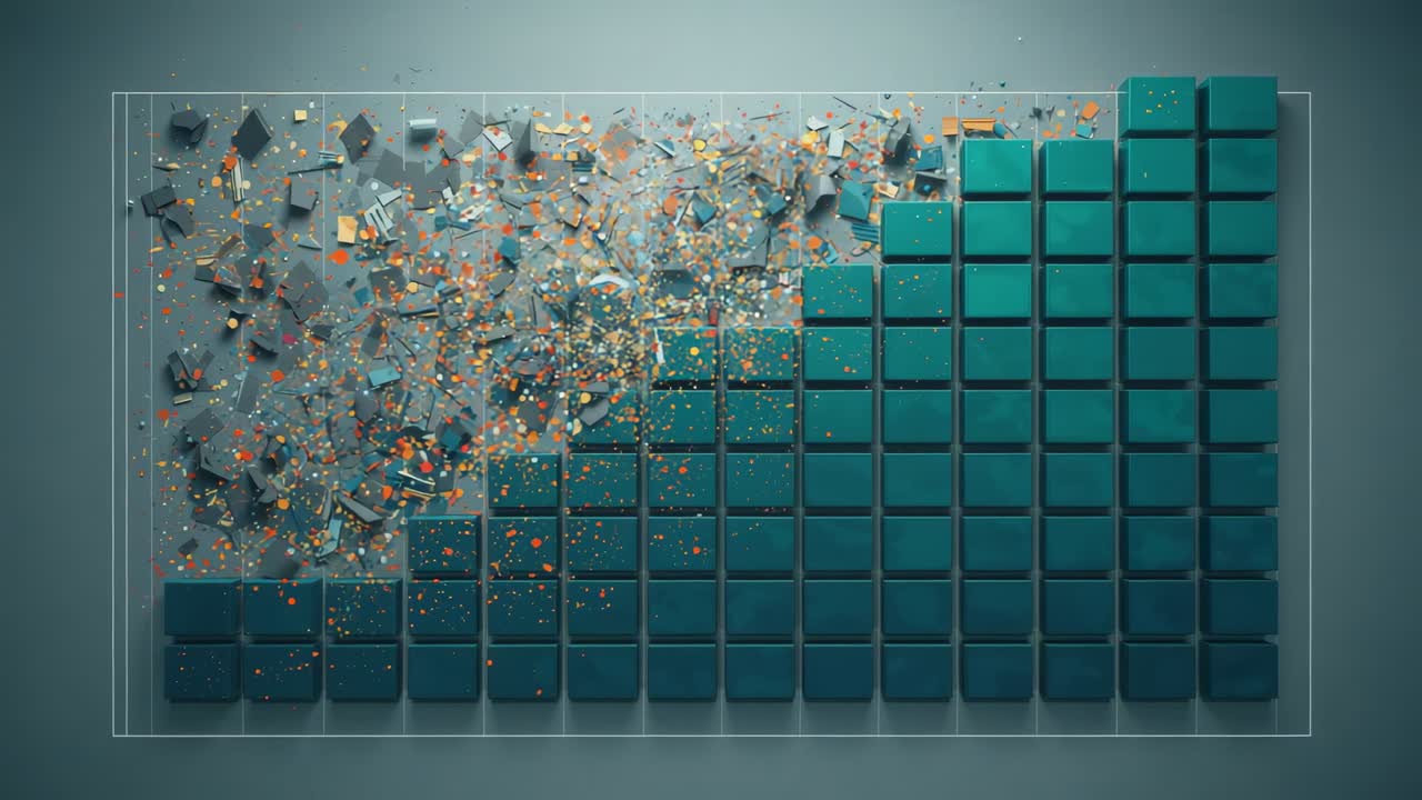 Grid of teal cubes fragmenting after impact wave from left in container, with shards and debris