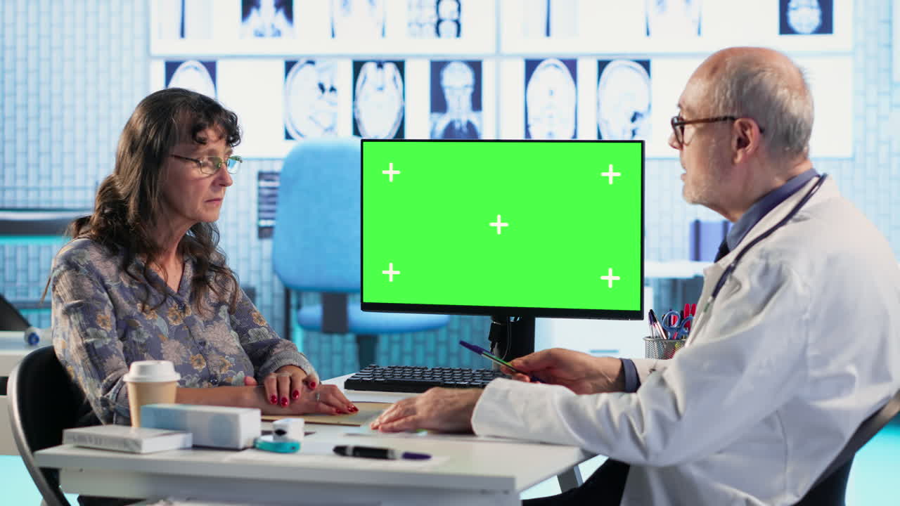 Senior woman arriving at appointment with physician next to mockup screen