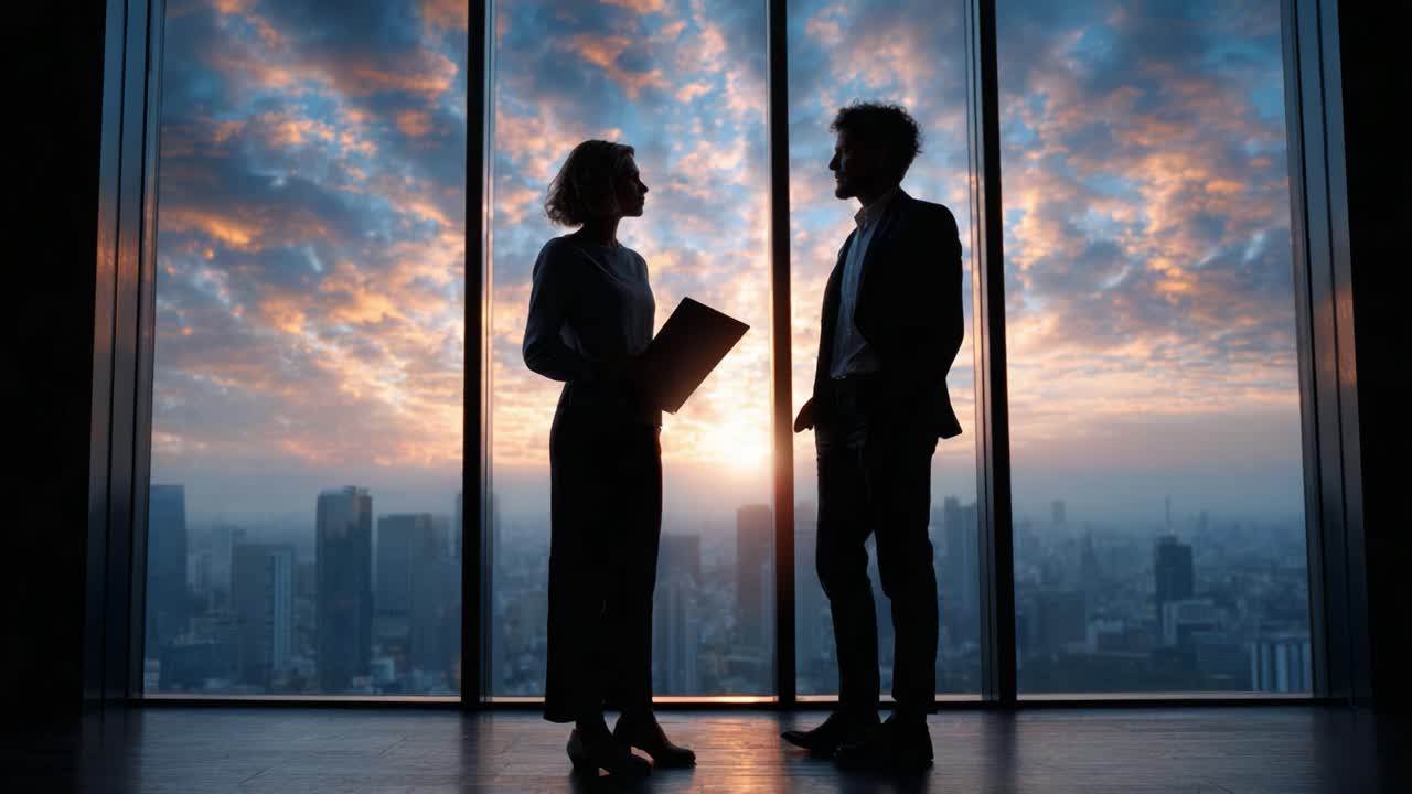 A Professional Business Meeting at Sunset: Two Silhouettes Engaged in a Thoughtful Discussion Against a Beautiful Skyline Backdrop