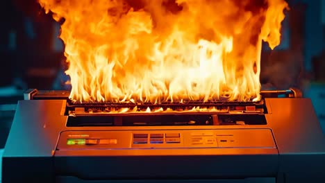 a printer on fire in an office setting